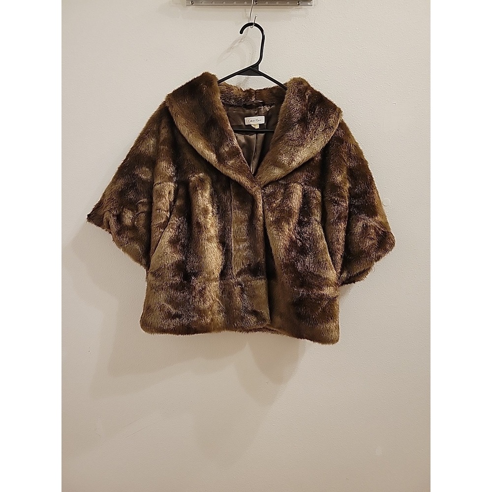 Calvin Klein Brown Faux Fur Cropperd Jacket Womens M Open Front Glam Coat Cape